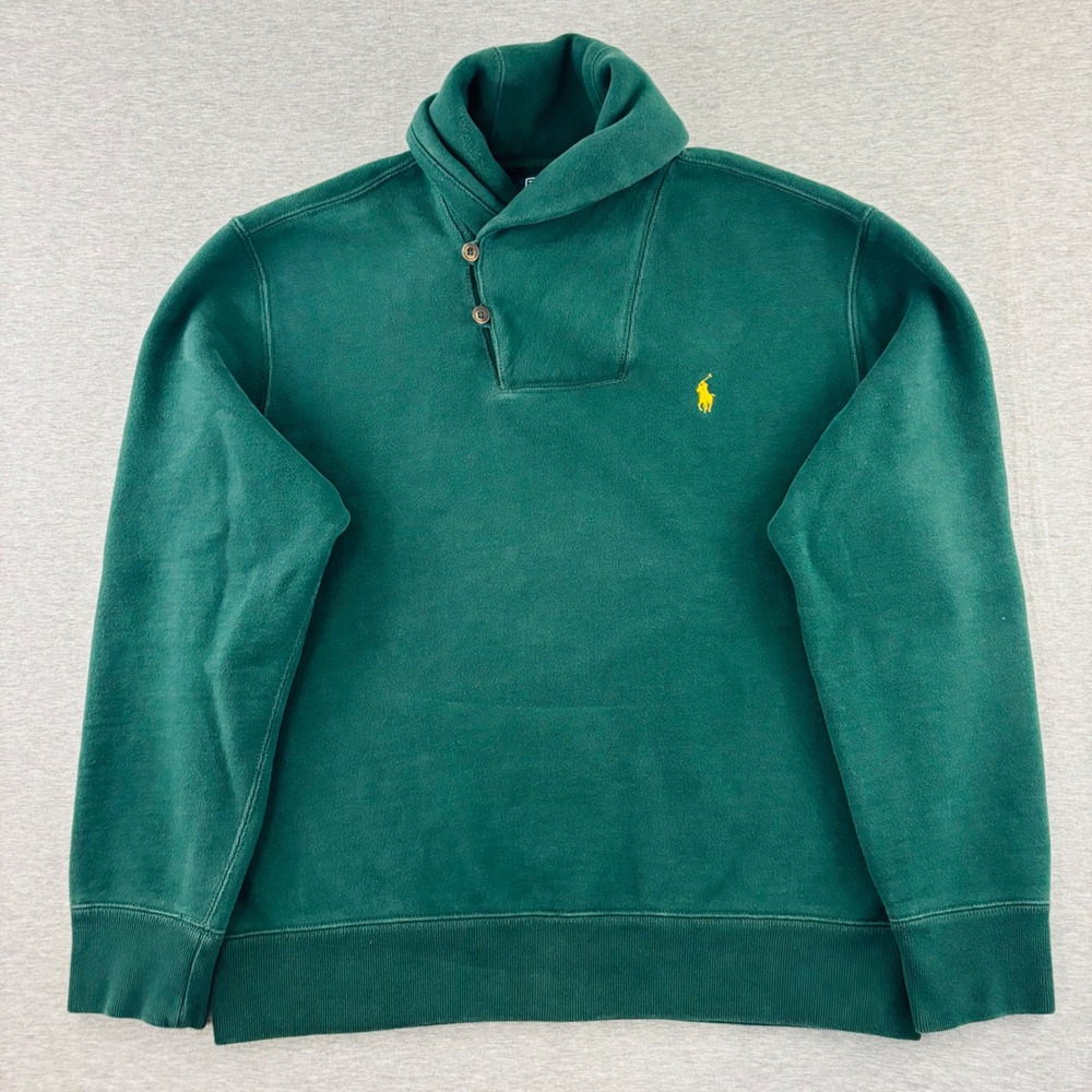 Vintage Polo Ralph Lauren Men Green Shawl Collar‎ Button Fleece Sweatshirt Large